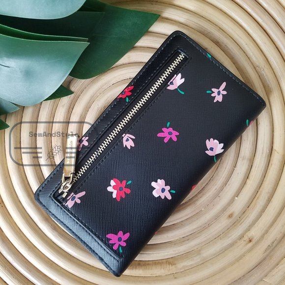 Kate Spade NWT Kate Spa Staci Ditsy Buds Large Slim Bifold Wallet in Black - Picture 10 of 14